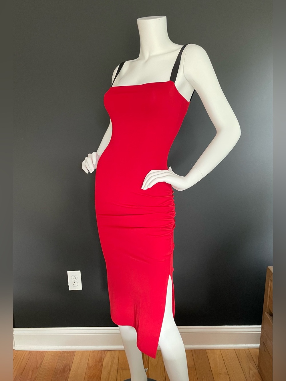 DOLCE & GABBANA Ruched Red Midi Fitted Stretch Viscose Slip Dress 38 IT